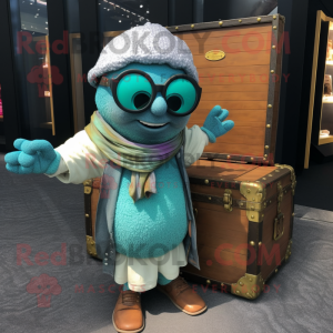 Cyan Treasure Chest mascot costume character dressed with a Cardigan and Sunglasses