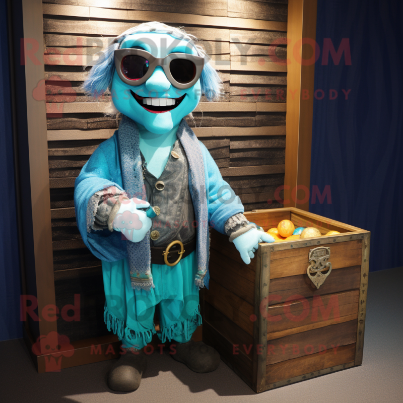 Cyan Treasure Chest mascot costume character dressed with a Cardigan and Sunglasses