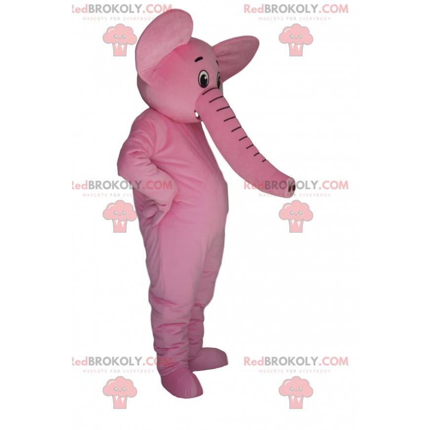 Mascota elefante rosa muy feliz. Disfraz de elefante -