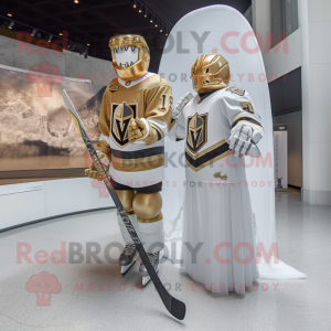 Gold Ice Hockey Stick mascot costume character dressed with a Wedding Dress and Earrings