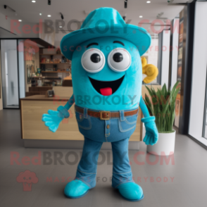 Turquoise Pepper mascot costume character dressed with a Overalls and Belts