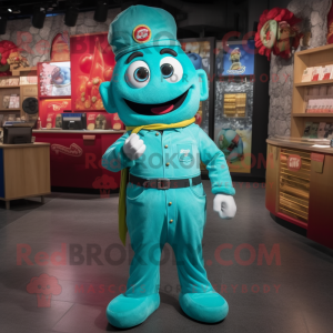 Turquoise Pepper mascot costume character dressed with a Overalls and Belts