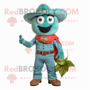 Turquoise Pepper mascot costume character dressed with a Overalls and Belts