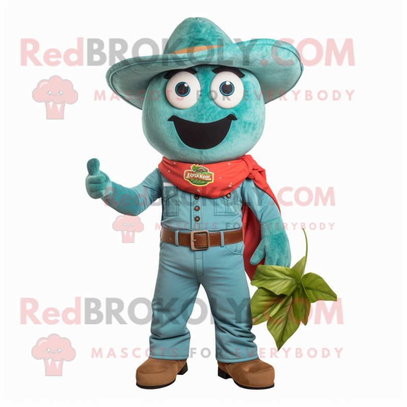 Turquoise Pepper mascot costume character dressed with a Overalls and Belts Turquoise Pepper mascot costume character dressed with a Overalls and Belts