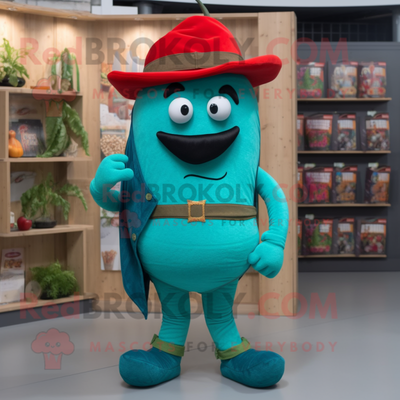 Turquoise Pepper mascot costume character dressed with a Overalls and Belts