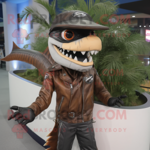 Brown Barracuda mascot costume character dressed with a Biker Jacket and Hats