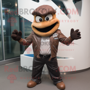 Brown Barracuda mascot costume character dressed with a Biker Jacket and Hats