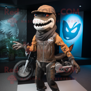 Brown Barracuda mascot costume character dressed with a Biker Jacket and Hats