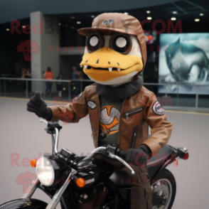 Brown Barracuda mascot costume character dressed with a Biker Jacket and Hats