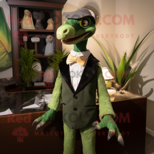 Olive Utahraptor mascot costume character dressed with a Tuxedo and Ties