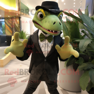 Olive Utahraptor mascot costume character dressed with a Tuxedo and Ties