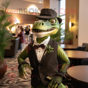 Olive Utahraptor mascot costume character dressed with a Tuxedo and Ties