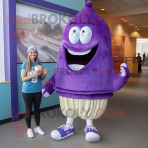 Purple Clam Chowder mascot costume character dressed with a Yoga Pants and Shoe laces