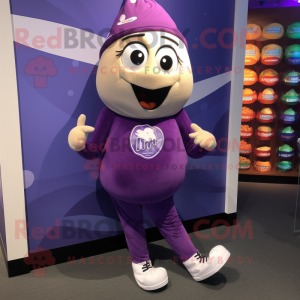 Purple Clam Chowder mascot costume character dressed with a Yoga Pants and Shoe laces