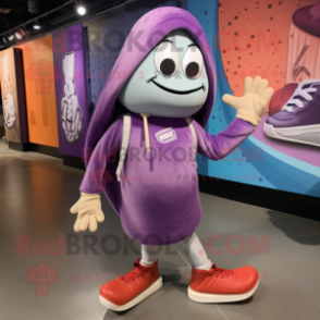 Purple Clam Chowder mascot costume character dressed with a Yoga Pants and Shoe laces