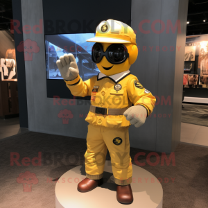 Yellow Fire Fighter mascot costume character dressed with a Bomber Jacket and Pocket squares