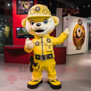 Yellow Fire Fighter mascot costume character dressed with a Bomber Jacket and Pocket squares