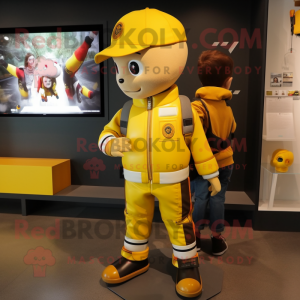 Yellow Fire Fighter mascot costume character dressed with a Bomber Jacket and Pocket squares