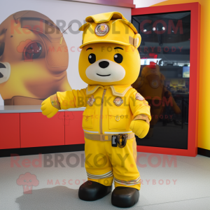 Yellow Fire Fighter mascot costume character dressed with a Bomber Jacket and Pocket squares