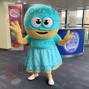 Cyan Bagels mascot costume character dressed with a Mini Skirt and Anklets