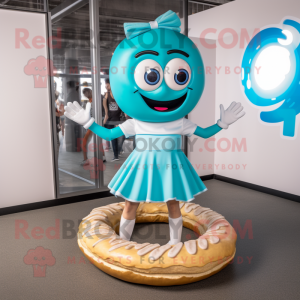 Cyan Bagels mascot costume character dressed with a Mini Skirt and Anklets