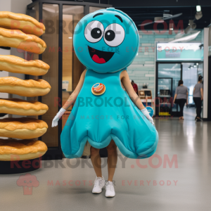 Cyan Bagels mascot costume character dressed with a Mini Skirt and Anklets