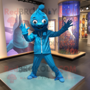 Blue Acrobat mascot costume character dressed with a Raincoat and Anklets