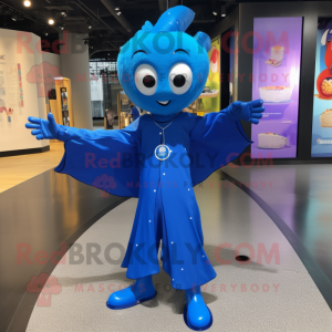 Blue Acrobat mascot costume character dressed with a Raincoat and Anklets