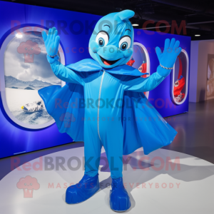 Blue Acrobat mascot costume character dressed with a Raincoat and Anklets