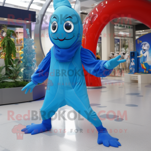 Blue Acrobat mascot costume character dressed with a Raincoat and Anklets