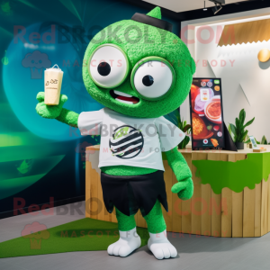 Forest Green Ramen mascot costume character dressed with a Swimwear and Smartwatches