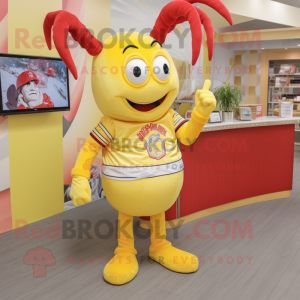 Lemon Yellow Lobster Bisque mascot costume character dressed with a Flare Jeans and Wraps