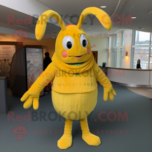 Lemon Yellow Lobster Bisque mascot costume character dressed with a Flare Jeans and Wraps