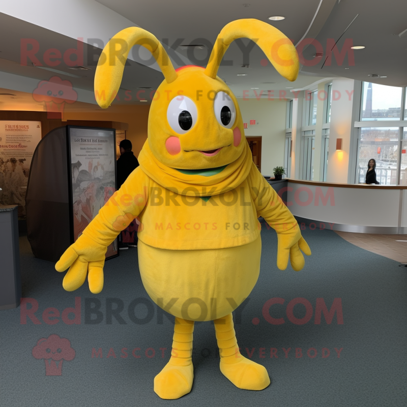 Lemon Yellow Lobster Bisque mascot costume character dressed with a Flare Jeans and Wraps Lemon Yellow Lobster Bisque mascot costume character dressed with a Flare Jeans and Wraps