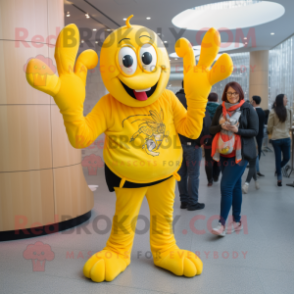 Lemon Yellow Lobster Bisque mascot costume character dressed with a Flare Jeans and Wraps