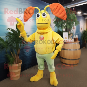 Lemon Yellow Lobster Bisque mascot costume character dressed with a Flare Jeans and Wraps