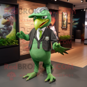 Green Archeopteryx mascot costume character dressed with a Suit and Shoe laces