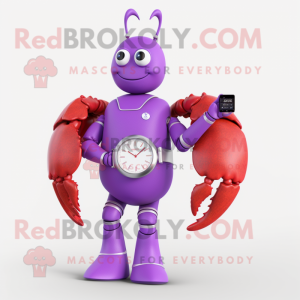 Lavender Lobster Bisque mascot costume character dressed with a Evening Gown and Smartwatches