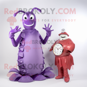 Lavender Lobster Bisque mascot costume character dressed with a Evening Gown and Smartwatches