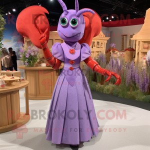 Lavender Lobster Bisque mascot costume character dressed with a Evening Gown and Smartwatches