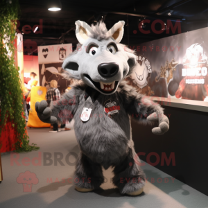 Gray Wild Boar mascot costume character dressed with a T-Shirt and Keychains