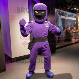 Purple Gi Joe mascot costume character dressed with a Joggers and Handbags
