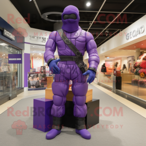 Purple Gi Joe mascot costume character dressed with a Joggers and Handbags