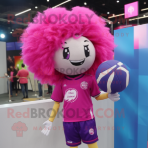 Magenta Volleyball Ball mascot costume character dressed with a Blouse and Hair clips