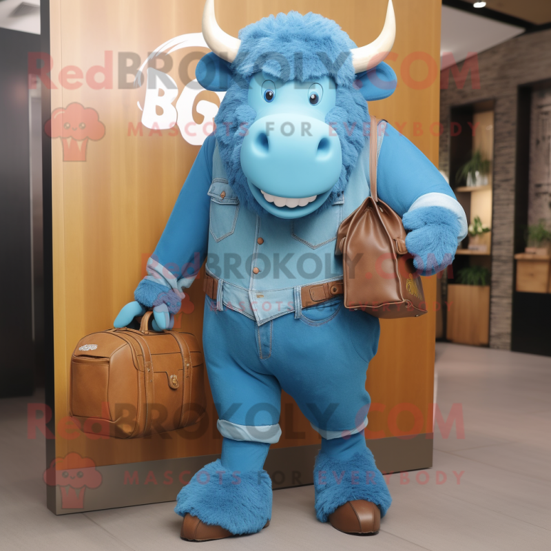 Sky Blue Bison mascot costume character dressed with a Jeans and Handbags