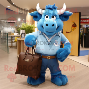 Sky Blue Bison mascot costume character dressed with a Jeans and Handbags