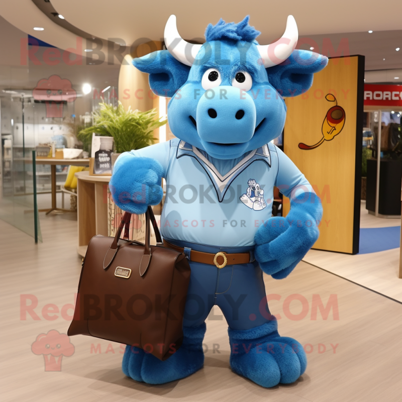 Sky Blue Bison mascot costume character dressed with a Jeans and Handbags Sky Blue Bison mascot costume character dressed with a Jeans and Handbags