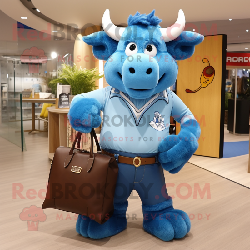 Sky Blue Bison mascot costume character dressed with a Jeans and Handbags