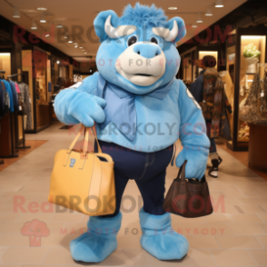 Sky Blue Bison mascot costume character dressed with a Jeans and Handbags