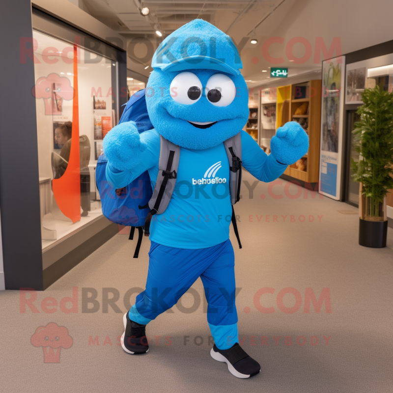 Blue Aglet mascot costume character dressed with a Joggers and Backpacks